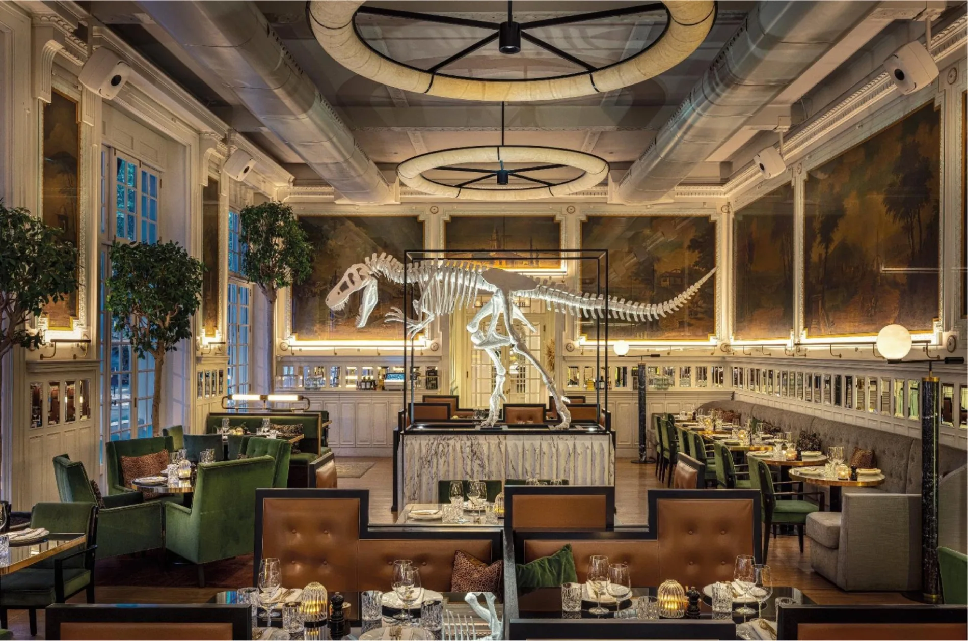 Dinosaur skeleton beneath circular chandeliers